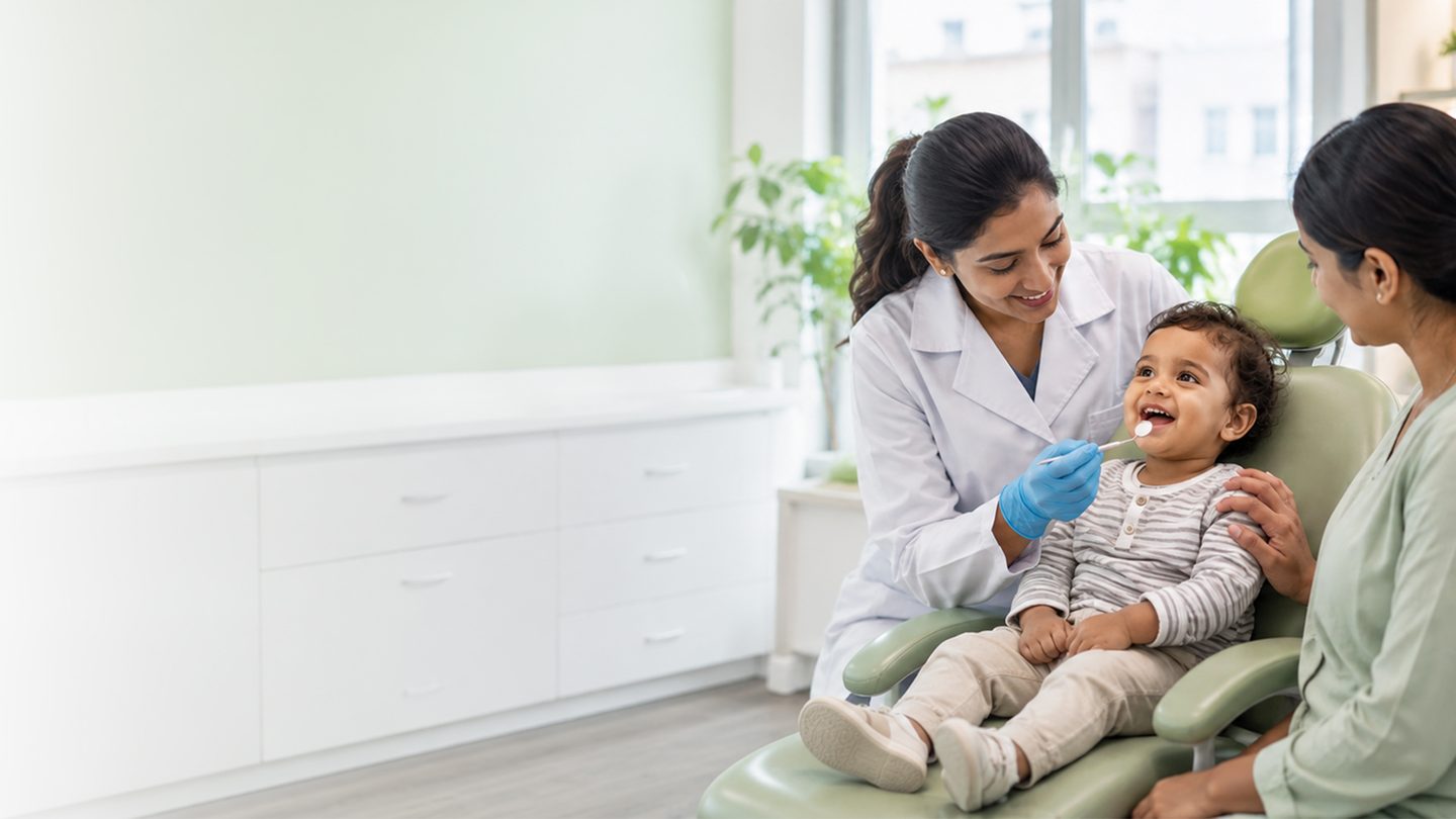 A pediatric dentist checking a smiling toddler's teeth while a parent sits alongside in the clinic