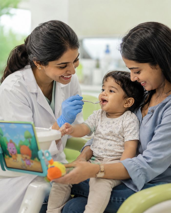 A child watching a cartoon on a tablet during a gentle dental check