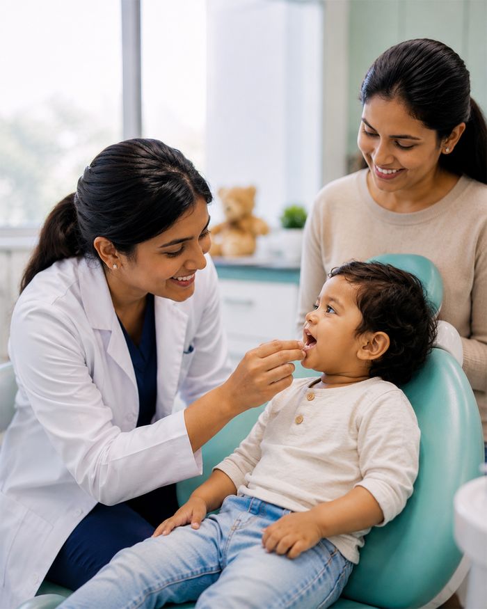 A dentist checking a child's teeth while the parent watches