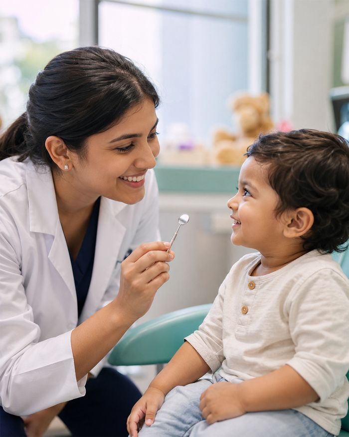 A pediatric dentist crouching to a toddler's eye level with a mirror