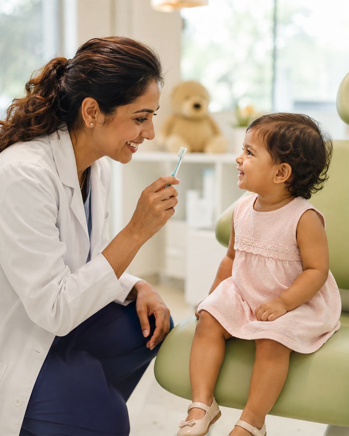 A dentist showing a toothbrush to a smiling toddler